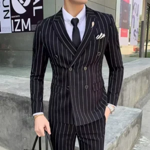 Formal Men's Striped Suit Two-Piece or 3 Pieces Blazer Vest Pant Set Slim Fit Classic Tuxedo Wedding Party Business Striped Suit - Image 2