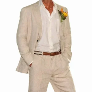 Casual Slim Fit Linen Suit for Men 2 Pieces Blazer Pant Sets Beach Summer Parties Wedding Regular Fit Casual Outfits - Image 4