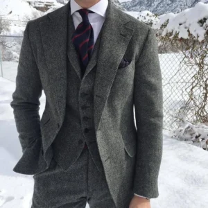 Gray Wool Tweed Winter Men Suit's For Wedding Formal Groom Tuxedo Herringbone Male Fashion 3 Piece (Jacket +Vest +Pants+Tie) - Image 1