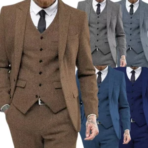 Retro Herringbone Suit for Men Stylish Vintage Tuxedo Set 3 Pieces Blazer Vest and Pant Set for Wedding Business Evening Party - Image 1
