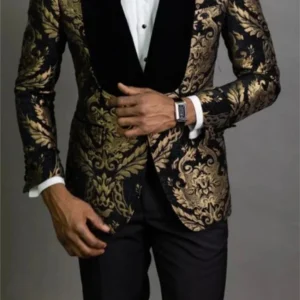 Stylish Slim Fit Mens Suits Floral Jacquard Shawl Lapel 2 Pieces Blazer and Pant Set Tuxedo Set Prom Wedding Dress Business - Image 4