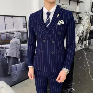 Formal Men's Striped Suit Two-Piece or 3 Pieces Blazer Vest Pant Set Slim Fit Classic Tuxedo Wedding Party Business Striped Suit - Image 3