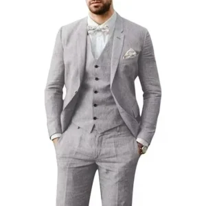 Summer Linen Suits for Men 3 Piece Blazer Vest and Pant Set Notched Lapel Lightweight Tuxedo Set Business Evening Summer Beach - Image 4