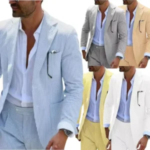 Seersucker Suits for Men 2 Pieces Blazer and Pants Notched Lapel Fashion Mens Suits for Summer Beach Wedding Dresses Men's Suits - Image 1