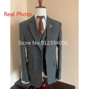Gray Wool Tweed Winter Men Suit's For Wedding Formal Groom Tuxedo Herringbone Male Fashion 3 Piece (Jacket +Vest +Pants+Tie) - Image 4