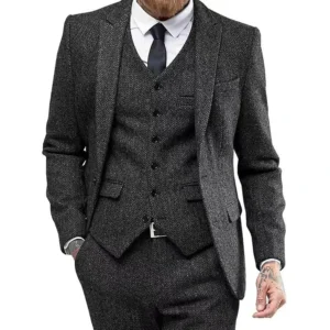 Retro Herringbone Suit for Men Stylish Vintage Tuxedo Set 3 Pieces Blazer Vest and Pant Set for Wedding Business Evening Party - Image 3