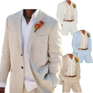 Casual Slim Fit Linen Suit for Men 2 Pieces Blazer Pant Sets Beach Summer Parties Wedding Regular Fit Casual Outfits - Image 1
