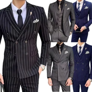 Formal Men's Striped Suit Two-Piece or 3 Pieces Blazer Vest Pant Set Slim Fit Classic Tuxedo Wedding Party Business Striped Suit - Image 1