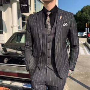 Formal Men's Striped Suit Two-Piece or 3 Pieces Blazer Vest Pant Set Slim Fit Classic Tuxedo Wedding Party Business Striped Suit - Image 6
