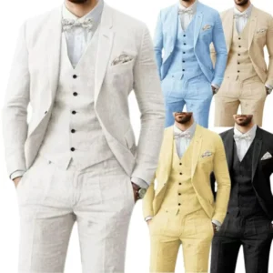 Summer Linen Suits for Men 3 Piece Blazer Vest and Pant Set Notched Lapel Lightweight Tuxedo Set Business Evening Summer Beach - Image 1